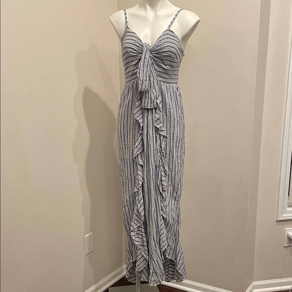 Angie Blue and White Striped Ruffle Maxi Dress